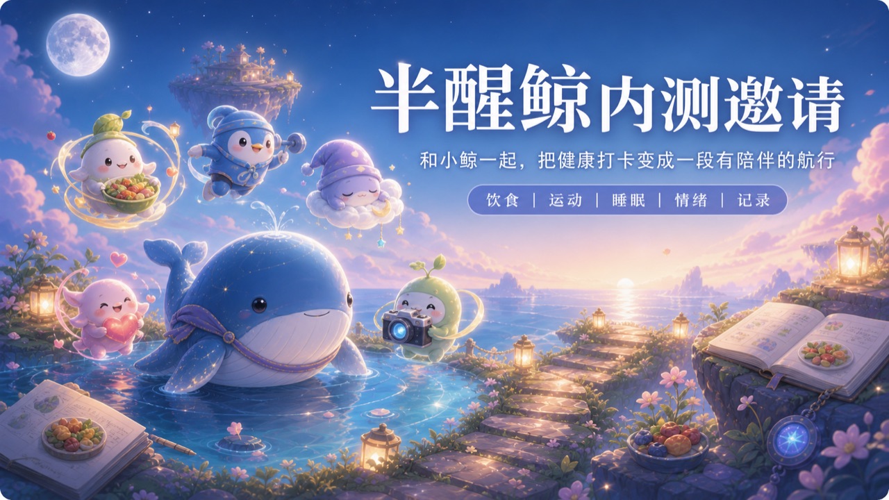 半醒鲸内测邀请：和小鲸一起，把健康打卡变成一段有陪伴的航行。饮食、运动、睡眠、情绪、记录五个健康维度。